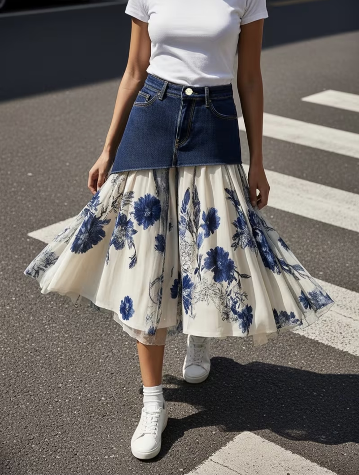 Midi Skirt Floral - 플러스 사이즈 여성용 하이웨이스트 데님 패치워크