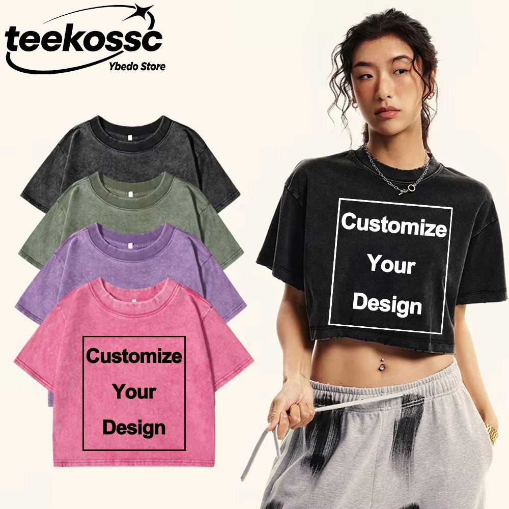 Crop Top Crochet - Y2k 커스텀 솔리드 워싱 티셔츠 코튼