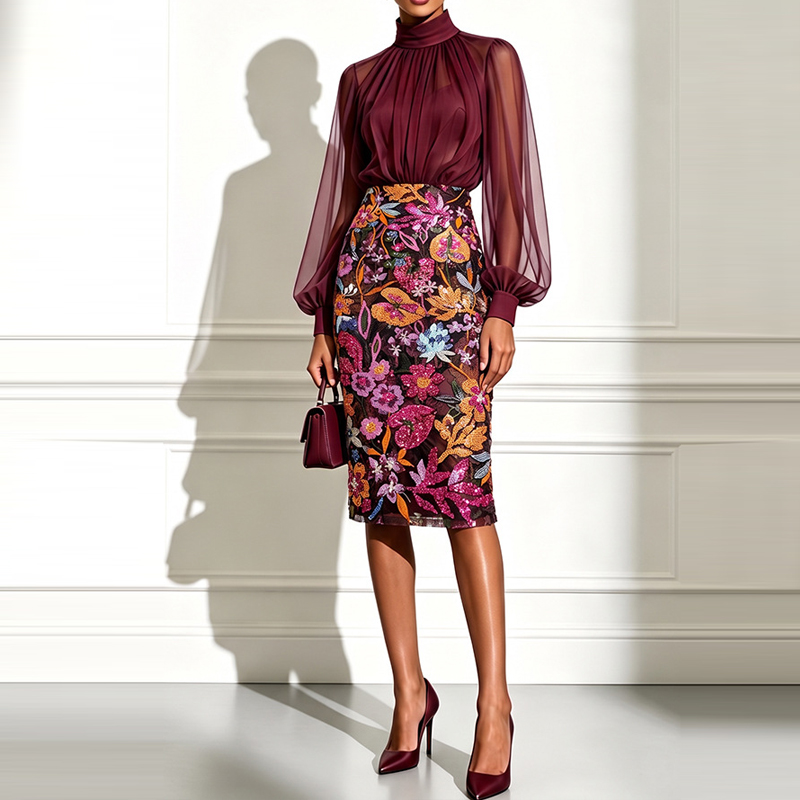 섹시한 하이넥 시스루 메쉬 블라우스와 플로럴 프린트 스 - Midi Skirt Floral 리뷰 및 가격