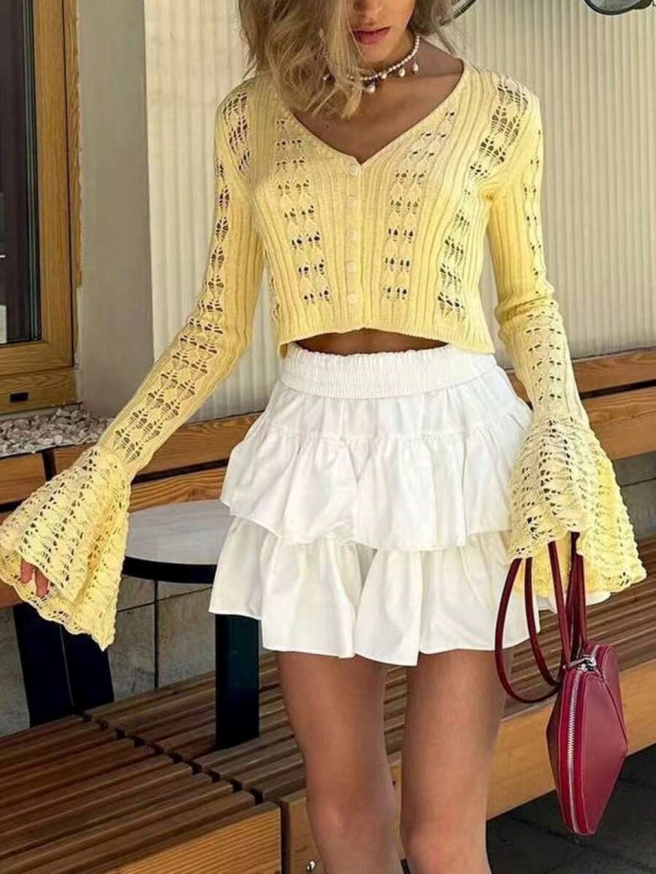 여성용 옐로우 크로셰 니트 플레어 슬리브 V넥 가디건  - Crop Top Crochet 리뷰 및 가격
