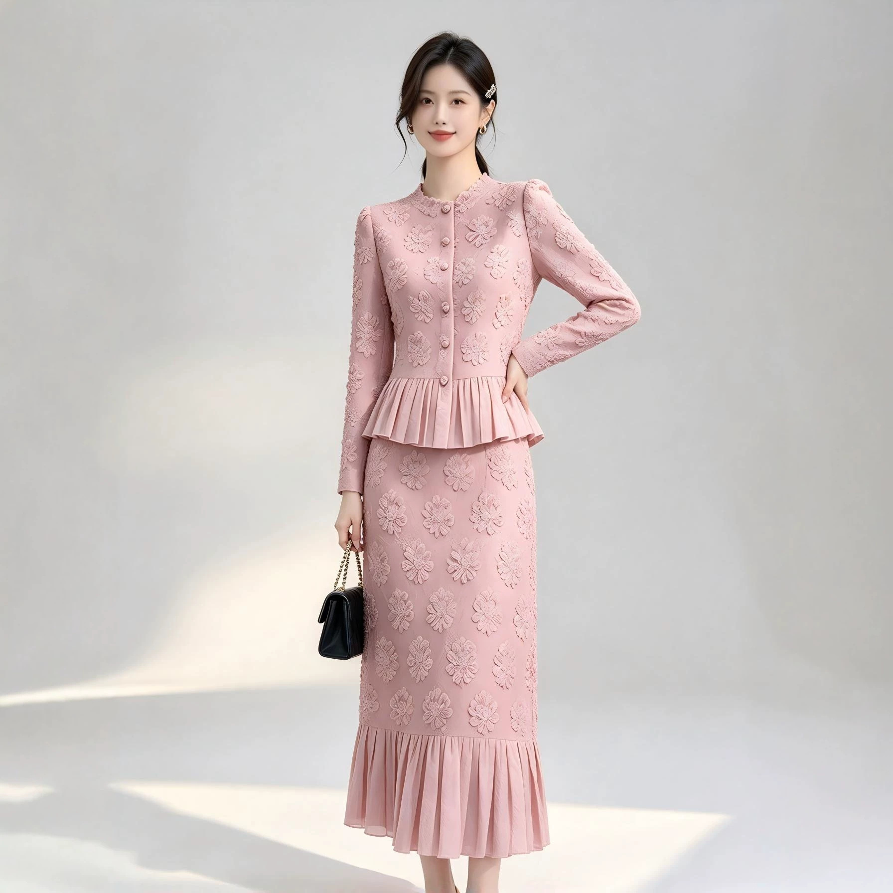 미야케 여성용 플로럴 자수 스커트 세트, 긴팔 러플 상 - Midi Skirt Floral 리뷰 및 가격
