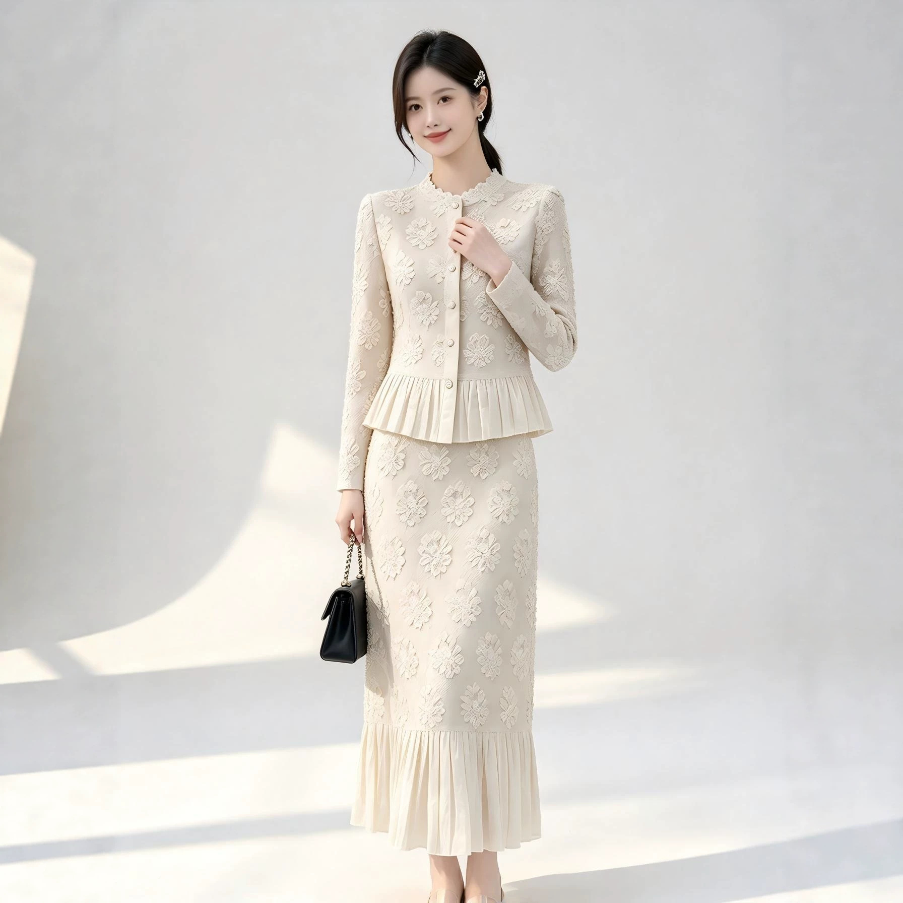 미야케 여성용 플로럴 자수 스커트 세트, 긴팔 러플 상 - Midi Skirt Floral 리뷰 및 가격